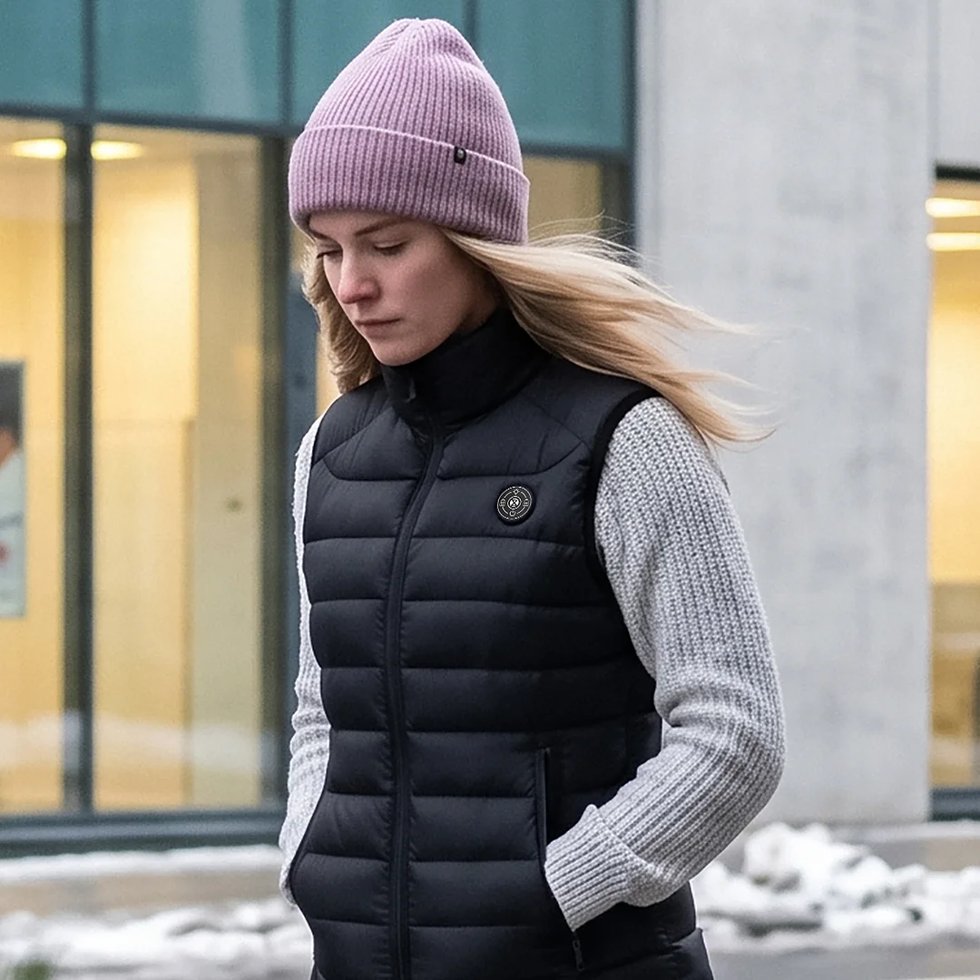 Žmogus eina prieš vėją, užsegta liemenė po atsegta striuke